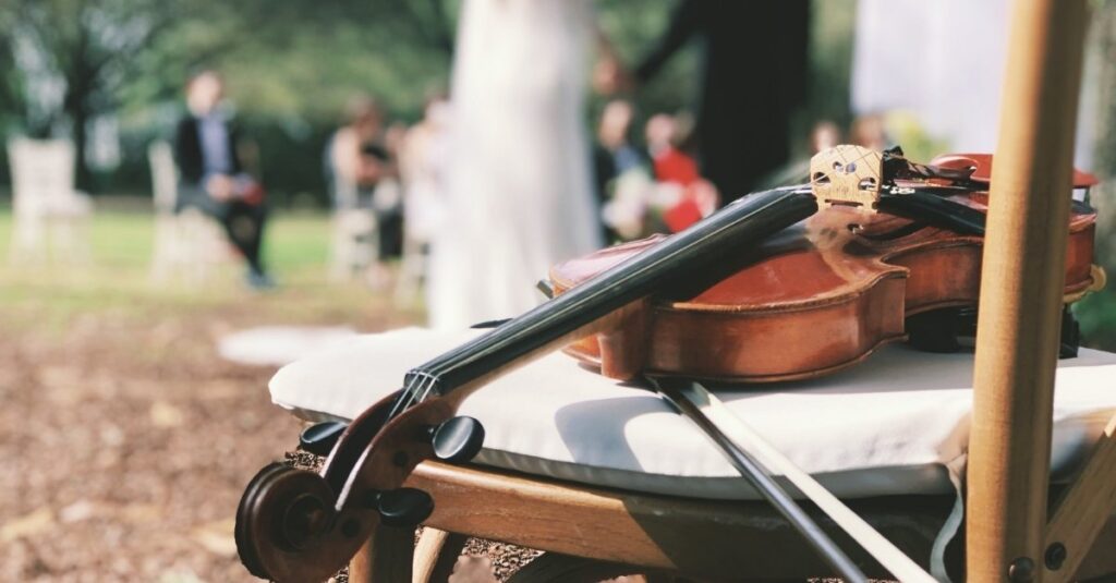 Violin con boda de fondo bajo un arbol